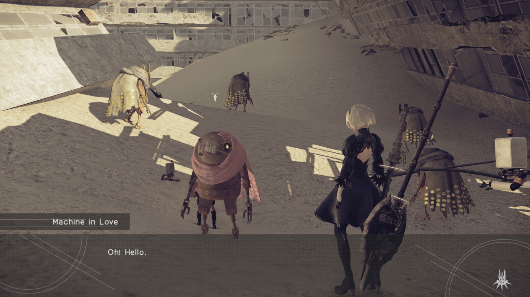 2B Talks to Pink-Caped Robot