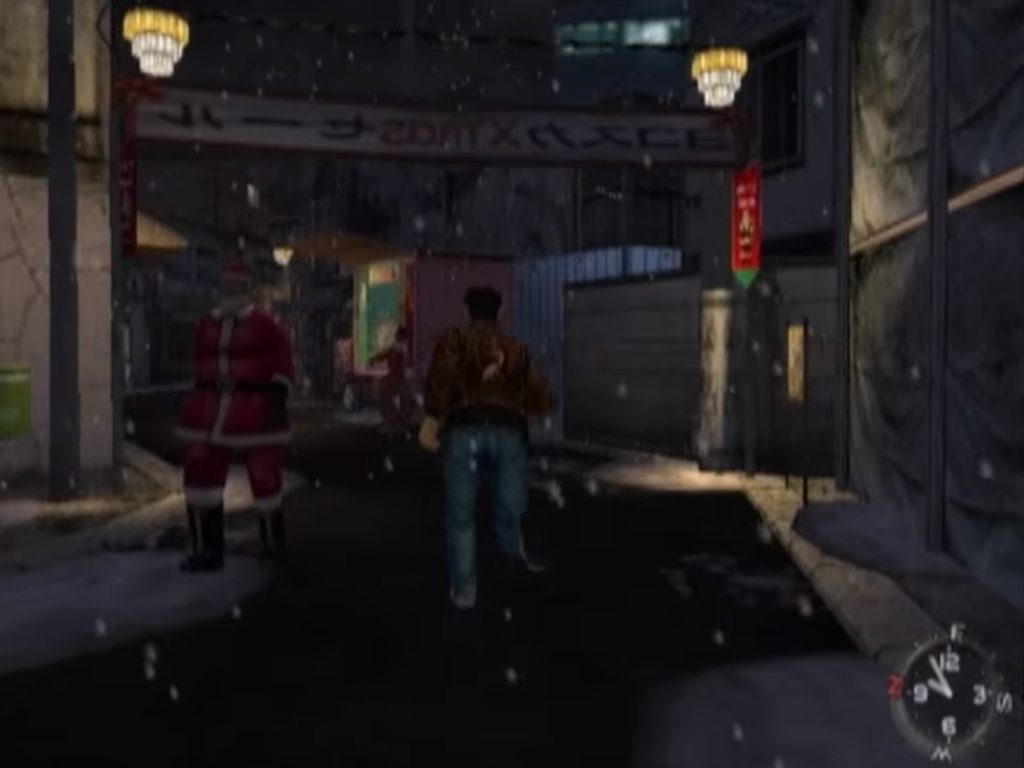 Ryo and Santa Walk a Snowy Street at Night